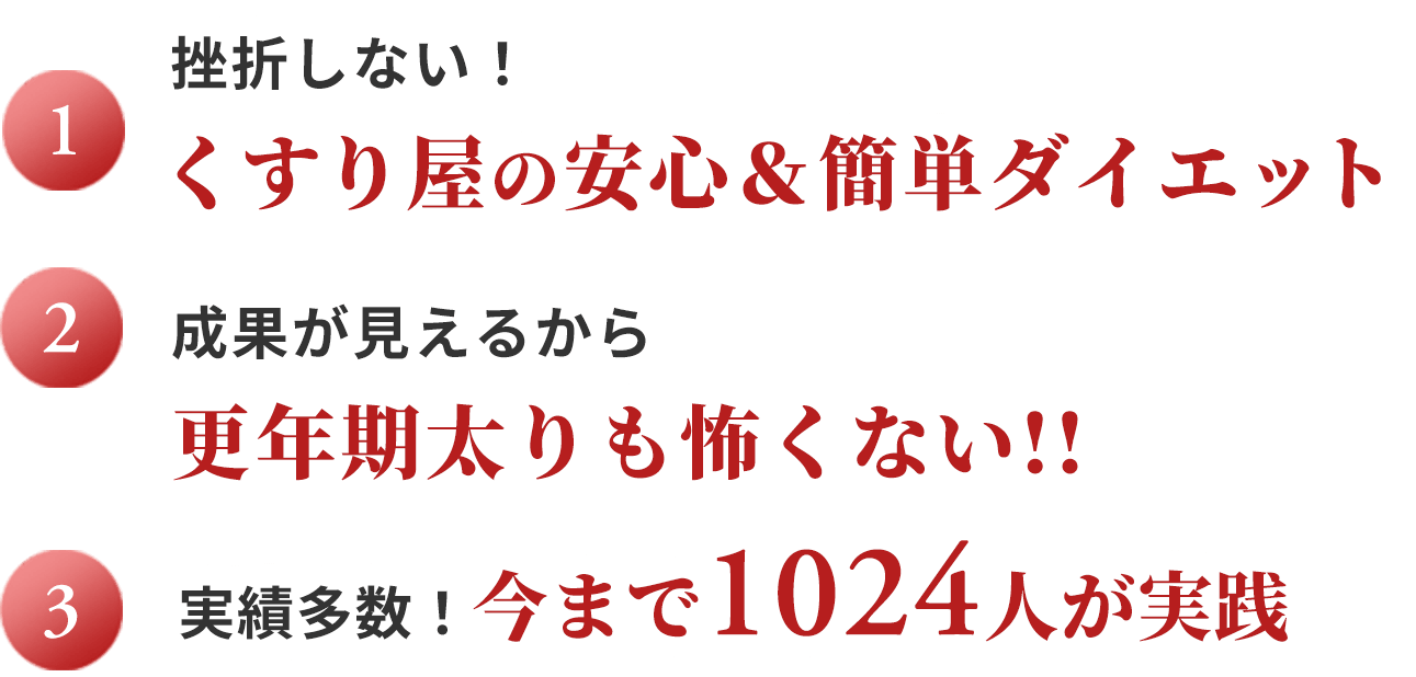 ・挫折しない！くすり屋の安心&簡単ダイエット・成果が見えるから更年期太りも怖くない!!・実績多数！今まで1024人が実践